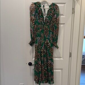 Anthropologie Vibrant Green and Brown Long Sleeve Dress